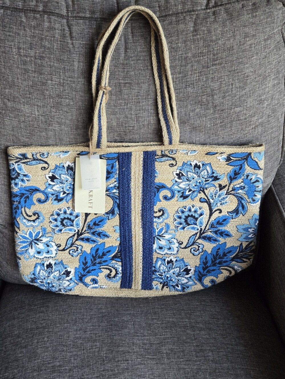 Antik Kraft Racer Stripe Vibrant Blue Floral Print Jute Large Tote, NWT